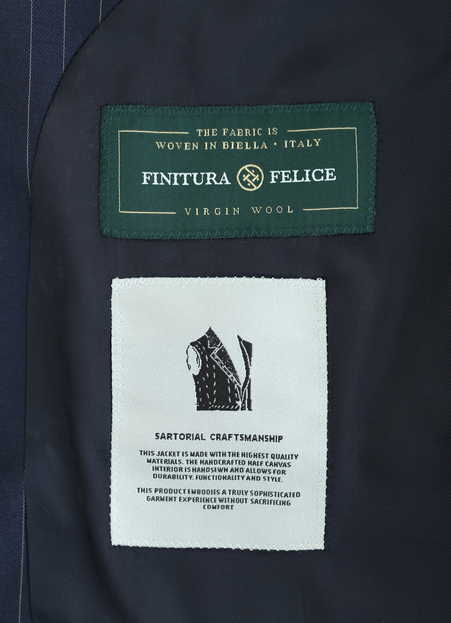 Super 150s Finitura Felice Peak Lapel Striped Navy Suit