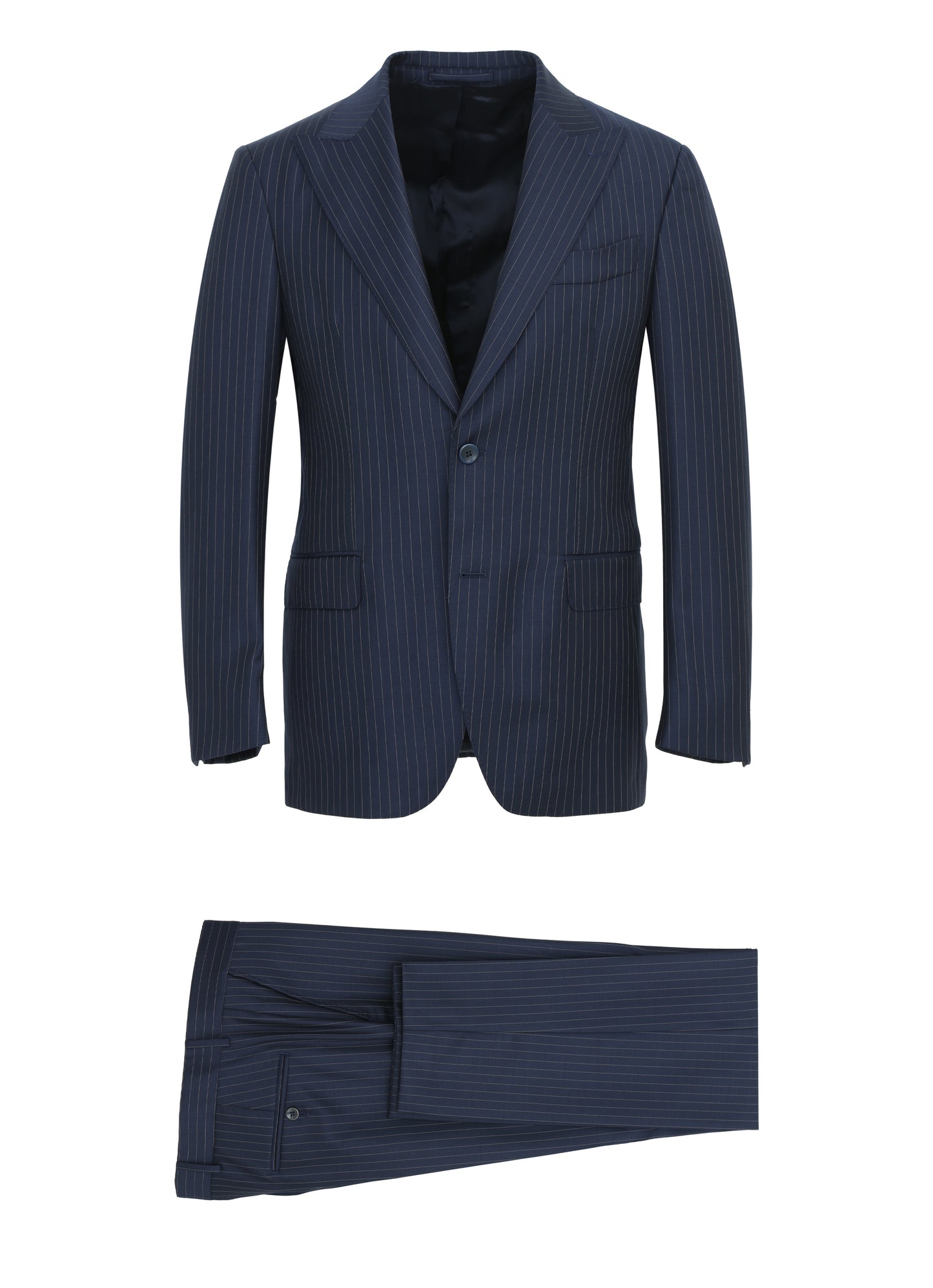 Super 150s Finitura Felice Peak Lapel Striped Navy Suit