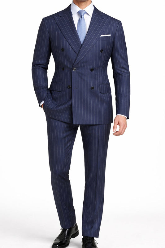 Blue pinstripe suit with a white shirt and black shoes on a white background