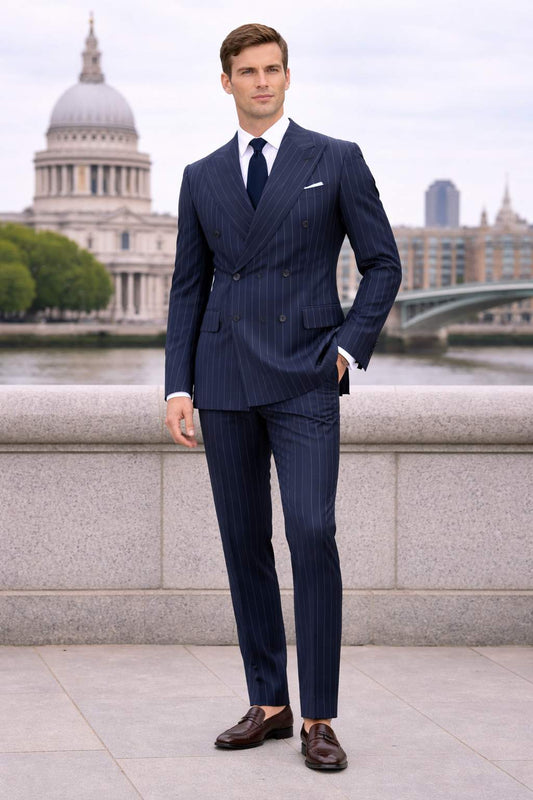 London Dark Navy Pinstripe Double-Breasted Suit – Italian Tailored Fit