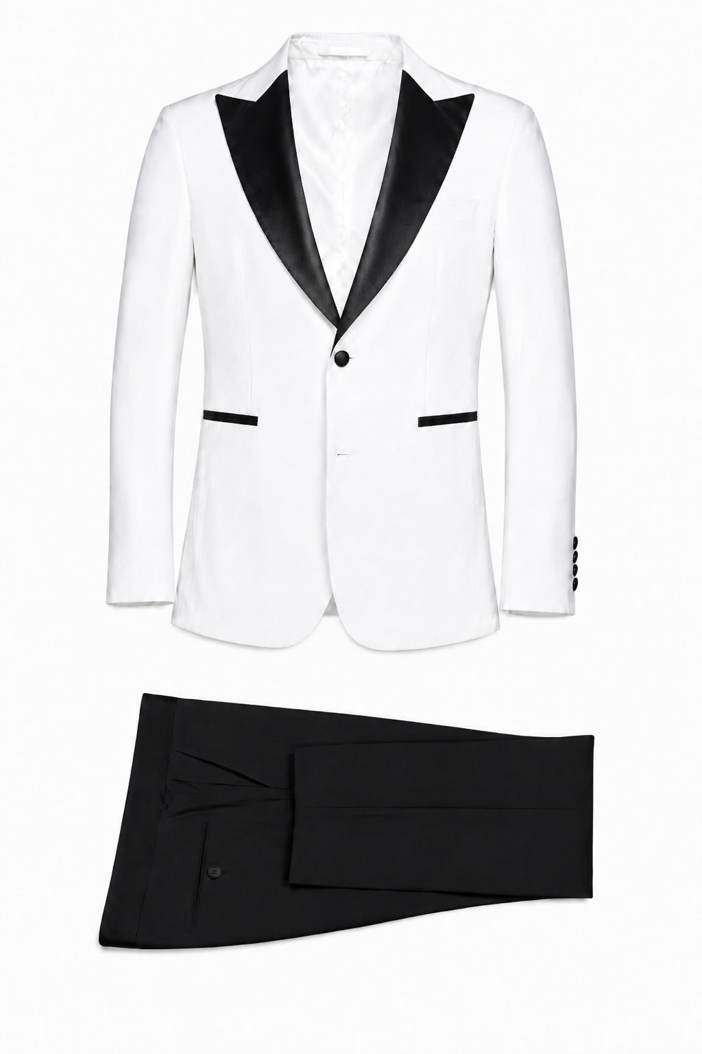 Camden White Wedding Tuxedo with Black Satin Peak Lapel