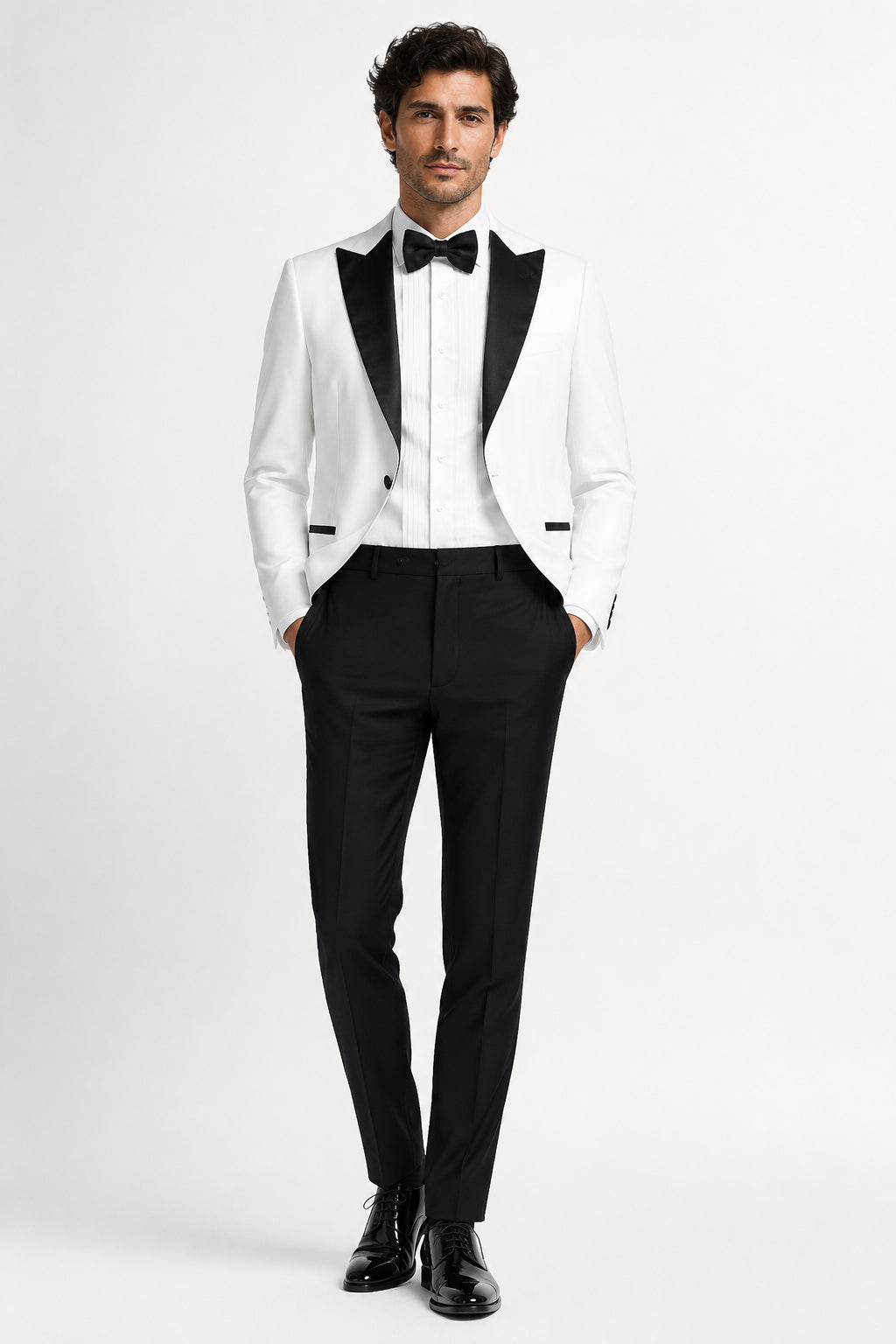 Camden White Wedding Tuxedo with Black Satin Peak Lapel