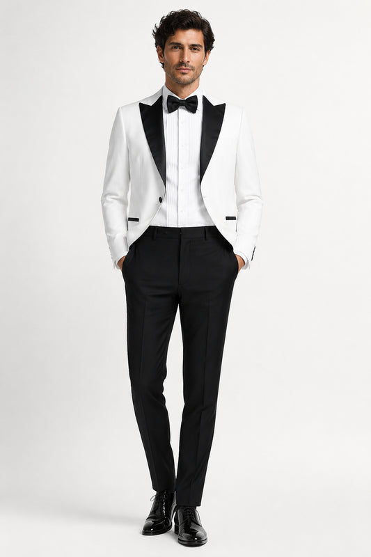 Camden White Wedding Tuxedo with Black Satin Peak Lapel