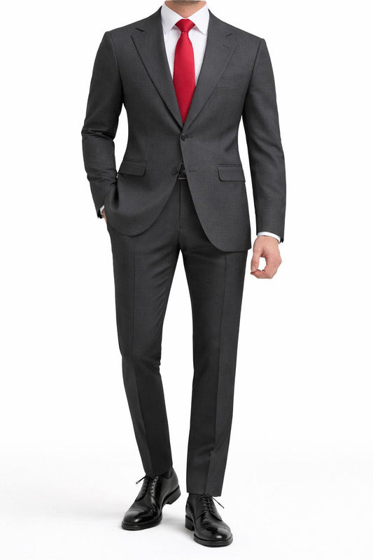 Gray suit with a red tie on a white background