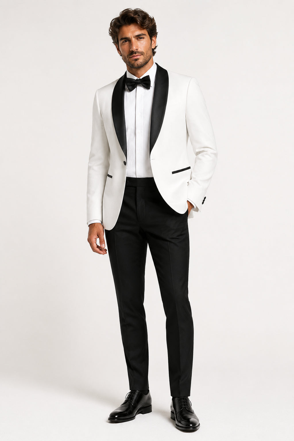 Camden White Wedding Tuxedo with Black Satin Shawl Lapel