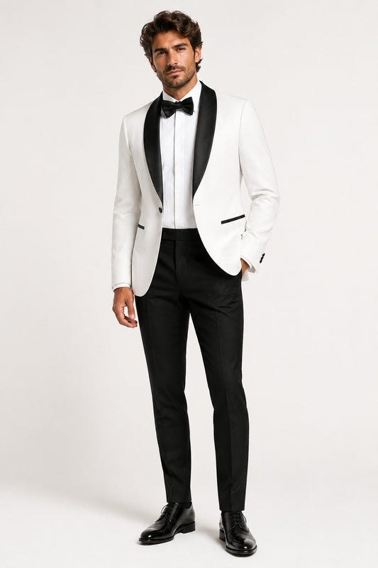 Camden White Wedding Tuxedo with Black Satin Shawl Lapel