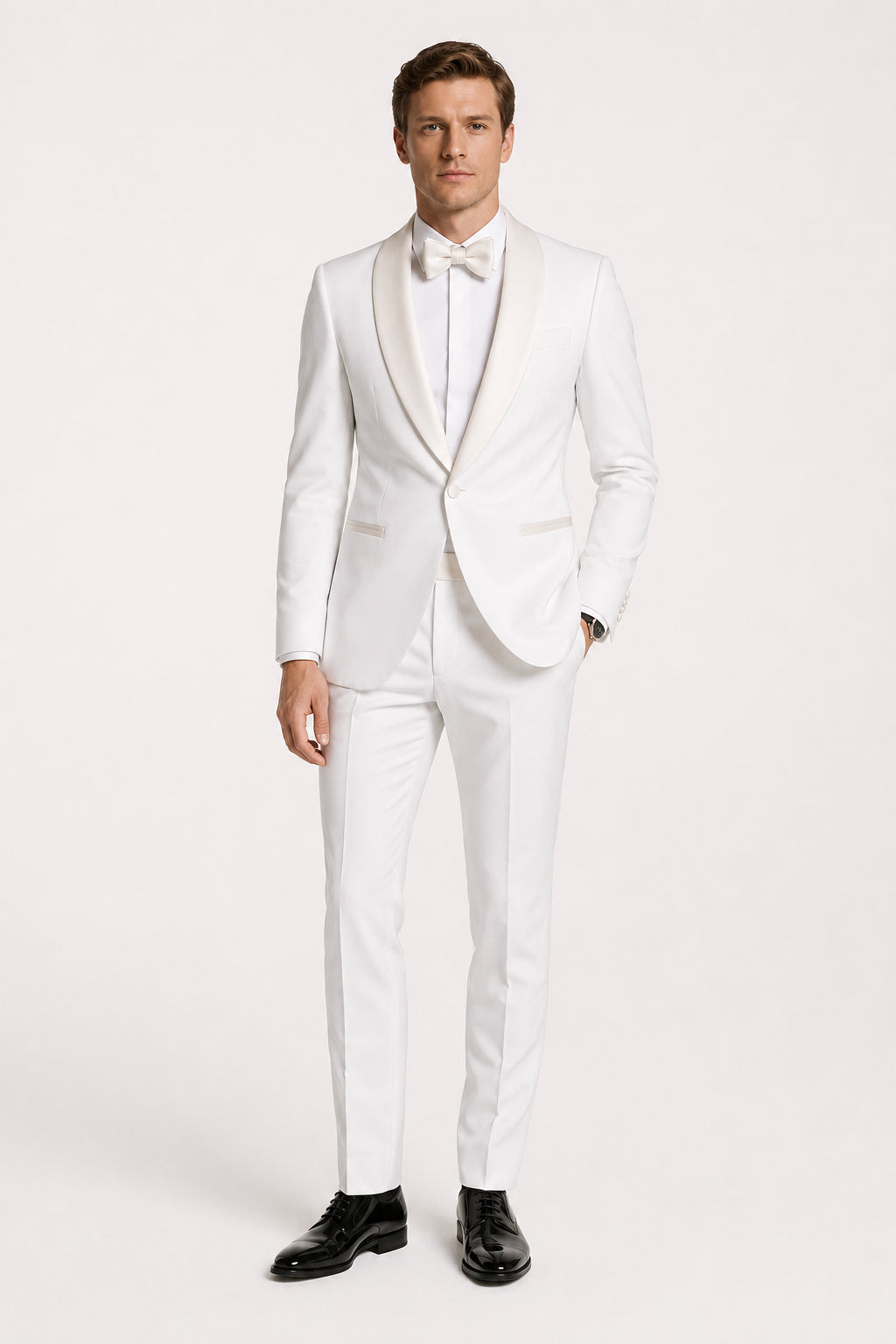 Surrey White Wedding Tuxedo with White Satin Shawl Lapel