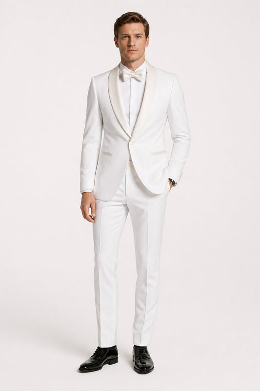 Surrey White Wedding Tuxedo with White Satin Shawl Lapel