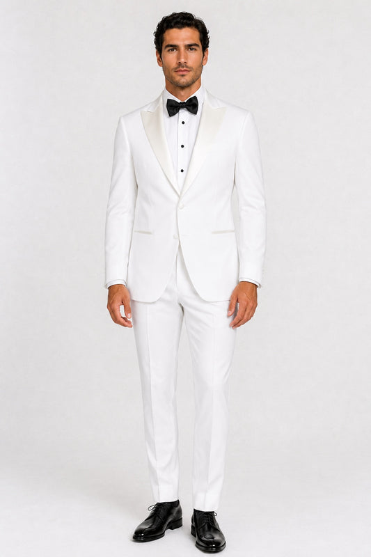Surrey White Wedding Tuxedo with White Satin Peak Lapel